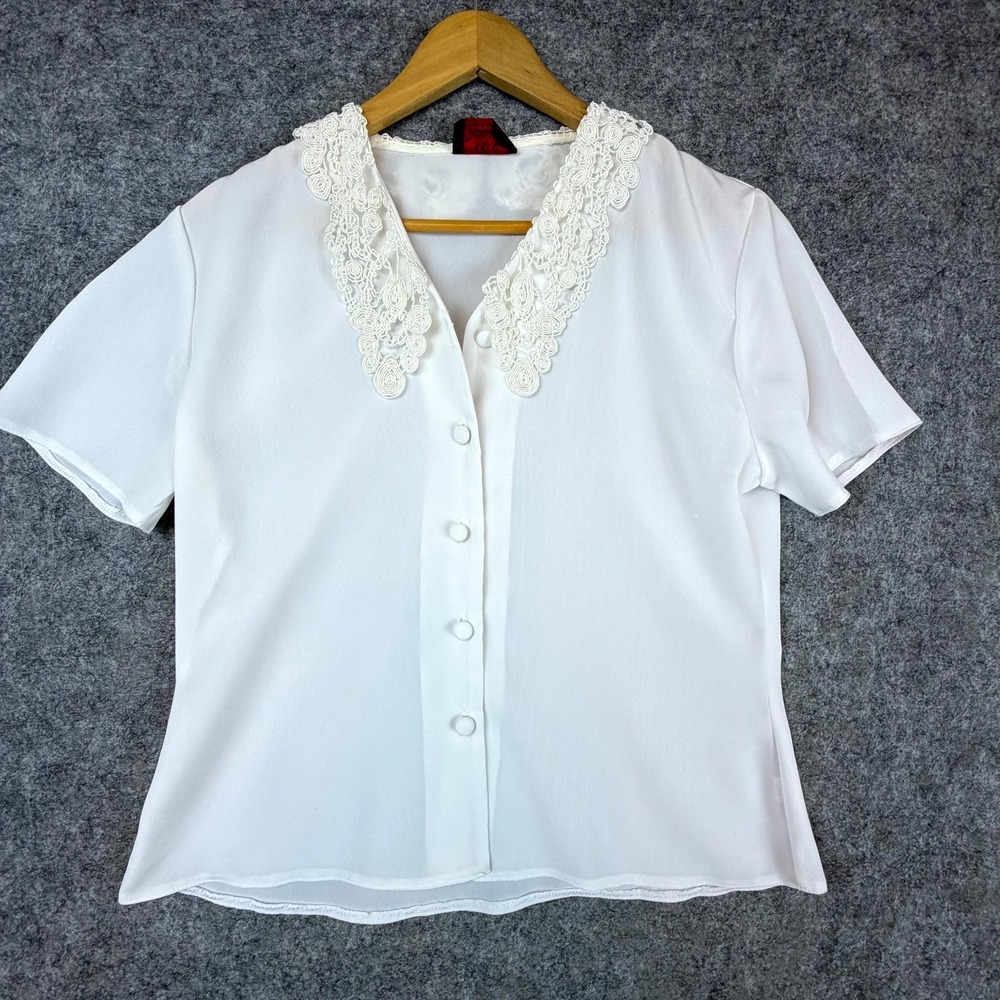 AMNI Blouse Top Womens 14 White Lace Collar Sheer Button Front Coquette Romantic
